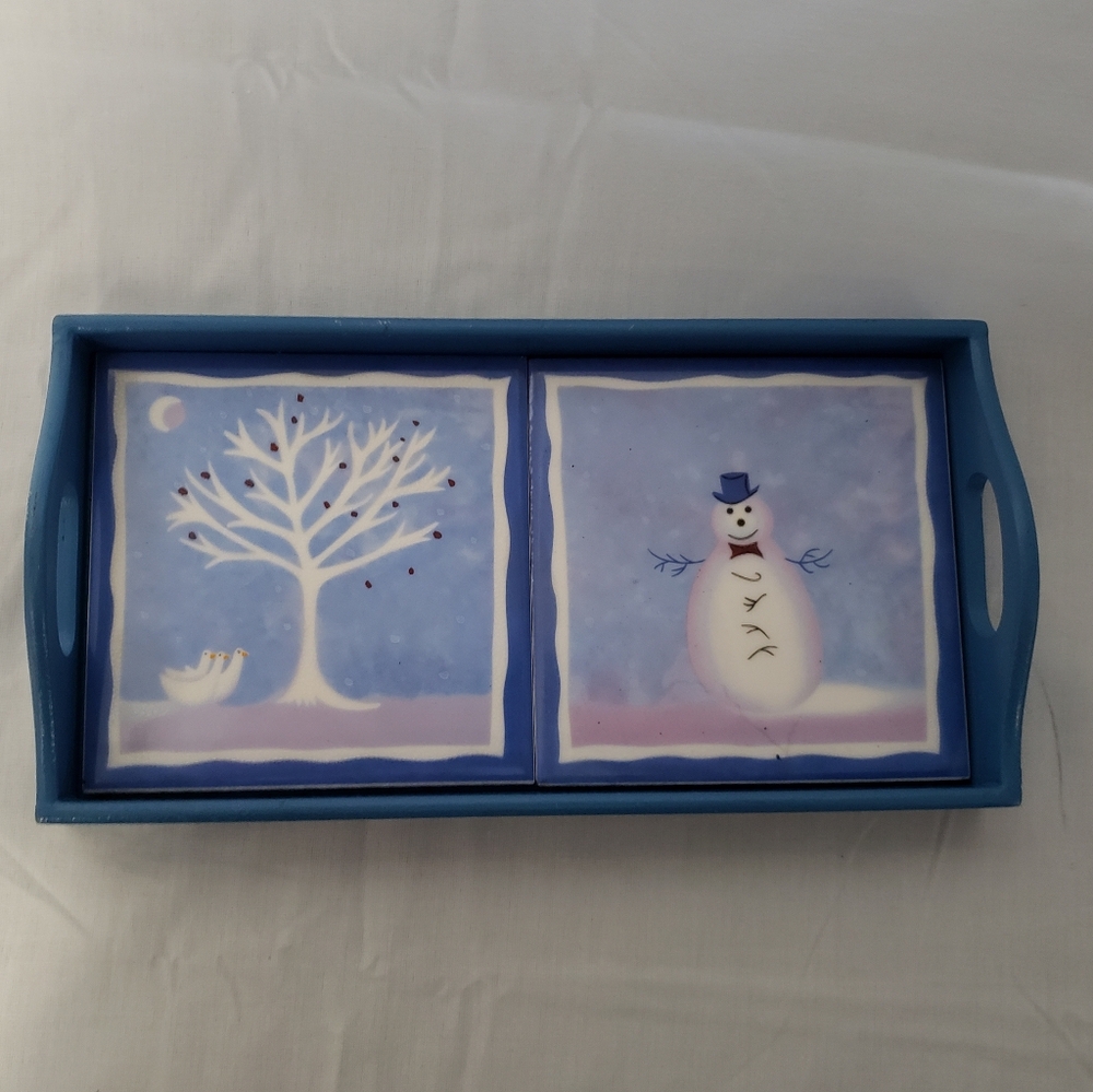 Winter Holiday Drink Tray Snowman and Winter Tree Tiles Christmas